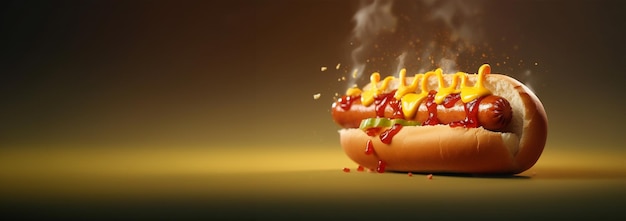 Foto hot dog alla griglia in cui insalata di salsiccia senape ketchup cetriolo cetrioli stanno volando su un colorato