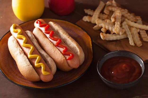 Grilled hot dogs with mustard ketchup and french fries