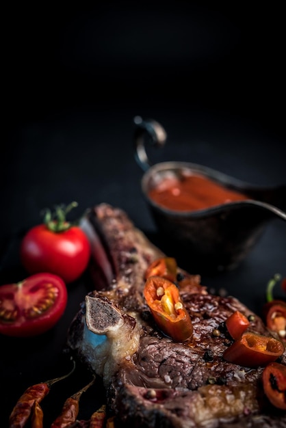 Grilled hot ribeye beef steak on bone with spicy basting sauce and tomatoes on dark cooking background