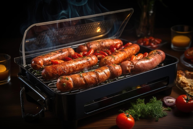 Grilled juicy sausages on a grill with fire