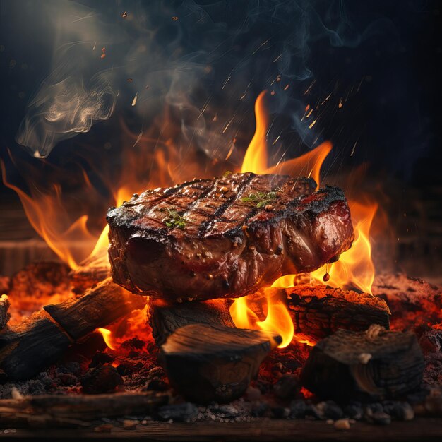 Grilled juicy steak cooking in fire