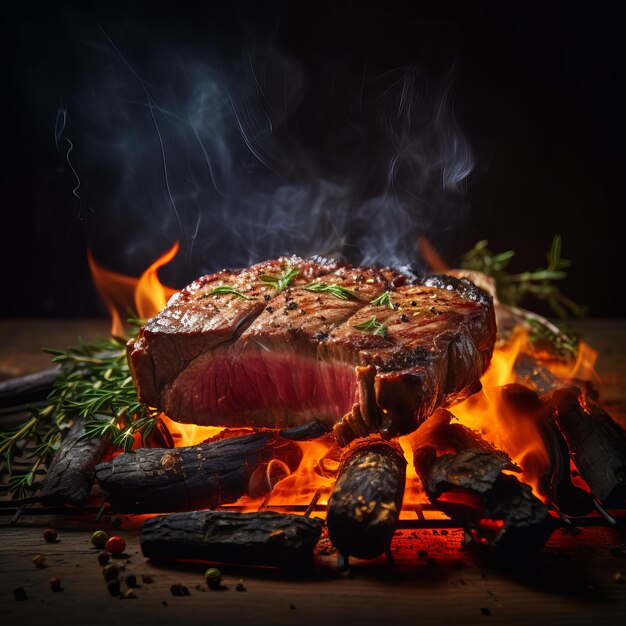 Foto una bistecca grigliata e succosa che cuoce sul fuoco.