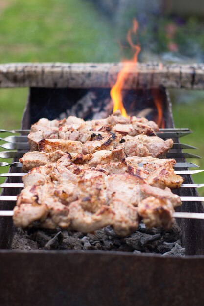 Kebab alla griglia che cucina su spiedino di metallo carne arrosto cotta al barbecue fette di braciola di carne di manzo fresca al barbecue piatto tradizionale orientale shish kebab griglia su carbone e fiamma picnic cibo di strada