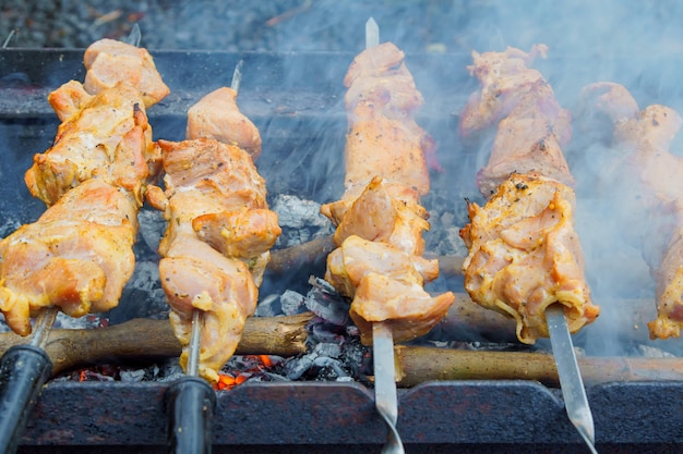 Grilled kebab cooking on metal skewer. Roasted meat cooked at barbecue.