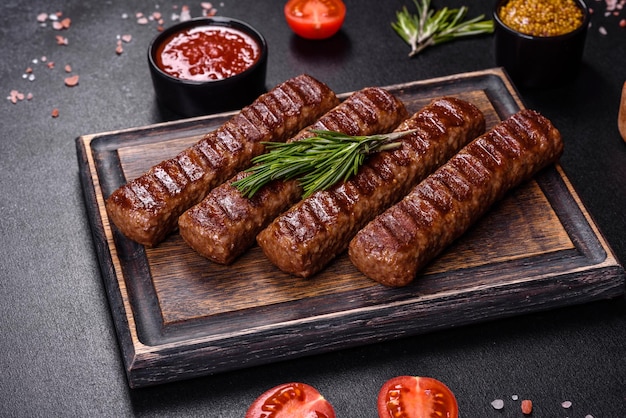 Grilled kebab with spices and herbs on a dark concrete background