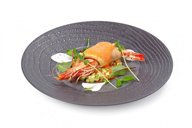 Grilled king prawn on grey plate isolated on white