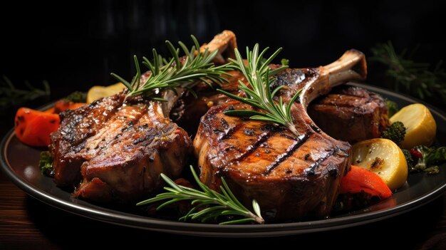 Grilled lamb chops with barbeque sauce on a plate with black and blurry background