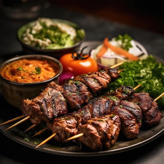 Photo grilled lamb shish kebab on skewers with vegetables
