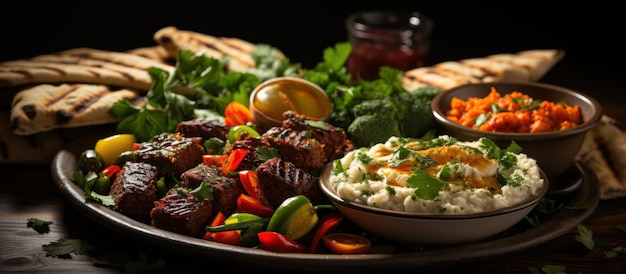 Grilled lamb shish kebab with vegetables and hummus