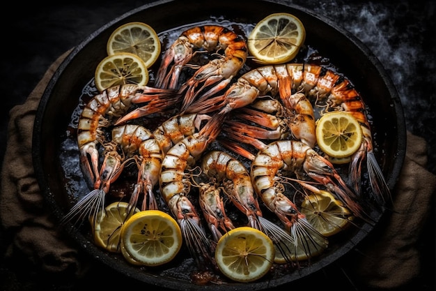 Grilled large shrimps with lemon and spices on the grill pan