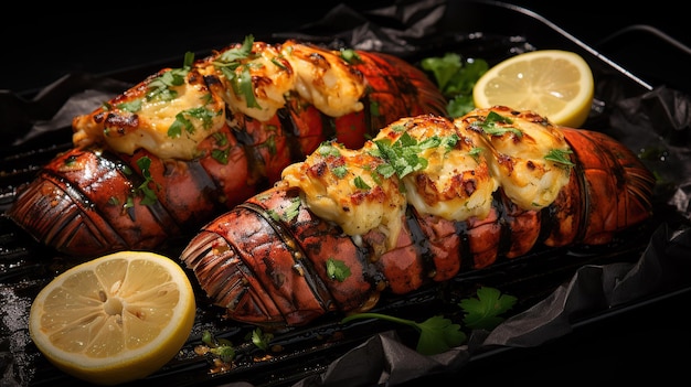 Grilled lobster tails are presented on a baking pan garnished with lemon slices and parsley