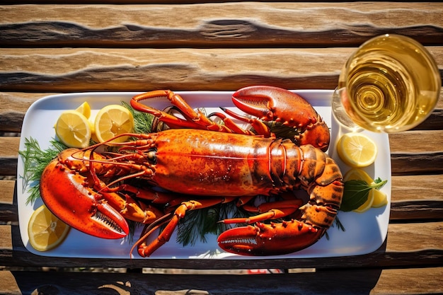 Photo grilled lobster with drink for lunch on the wooden table with beach view background