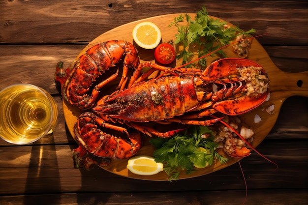 Photo grilled lobster with drink for lunch on the wooden table with beach view background