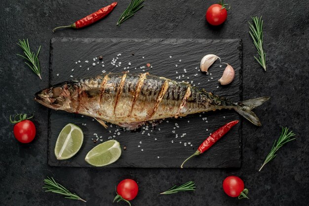 grilled mackerel on stone background