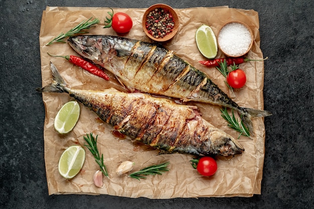 grilled mackerel on stone background