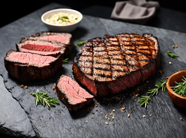 Grilled Marble Beef Steaks On Stone Background