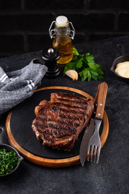 Grilled marbled rib eye steak