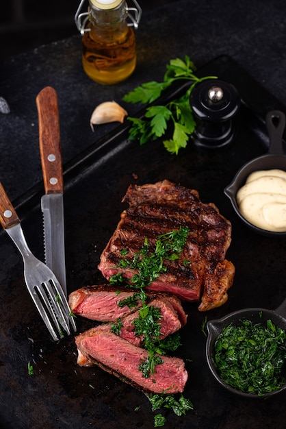 Grilled marbled rib eye steak