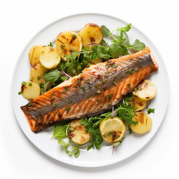 Photo grilled marinated trout with potatoes culinary excellence on a plate