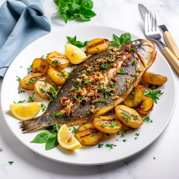 Grilled Marinated Trout with Potatoes on a Plate