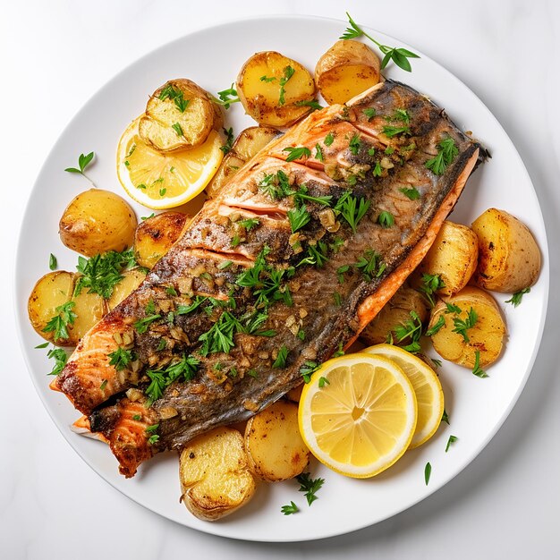 Grilled Marinated Trout with Potatoes on a Plate