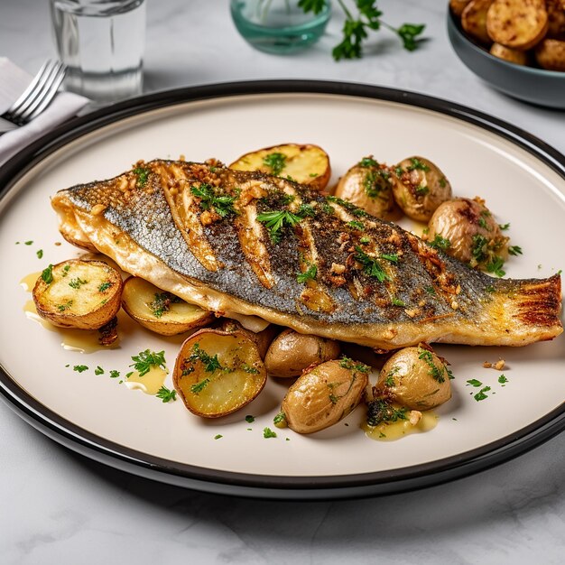 Grilled Marinated Trout with Potatoes on a Plate