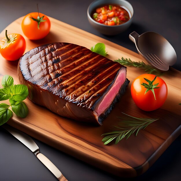 Grilled meat barbecue steak on a wooden board whit copy space At the aged table Top view