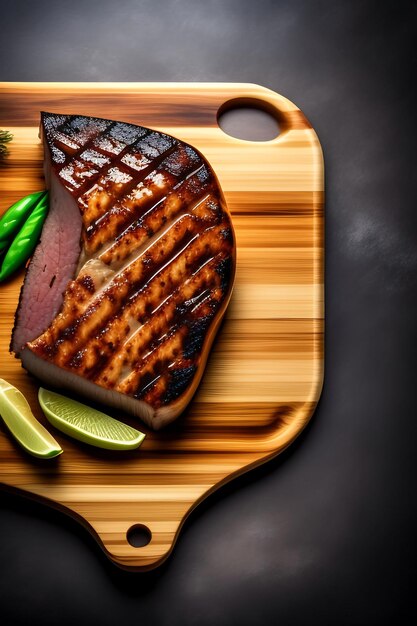 Grilled meat barbecue steak on a wooden board whit copy space At the aged table Top view