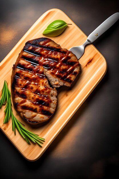 Grilled meat barbecue steak on a wooden board whit copy space At the aged table Top view