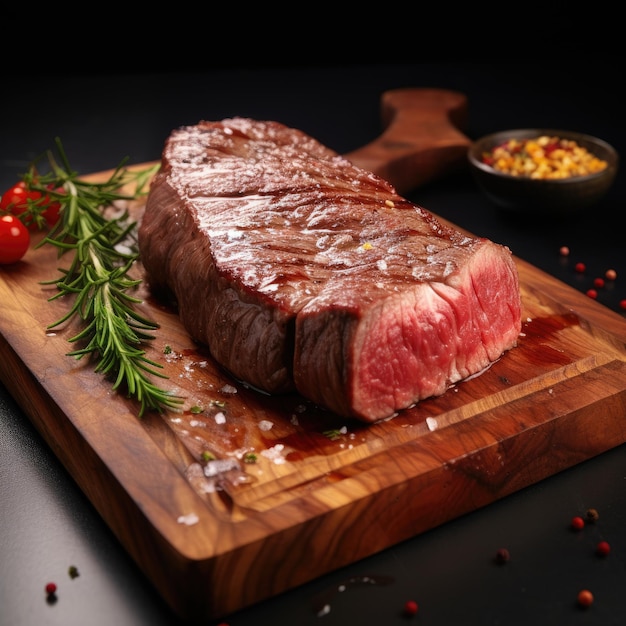 Grilled meat barbecue steak on wooden cutting board with rosemary and copy space Top view