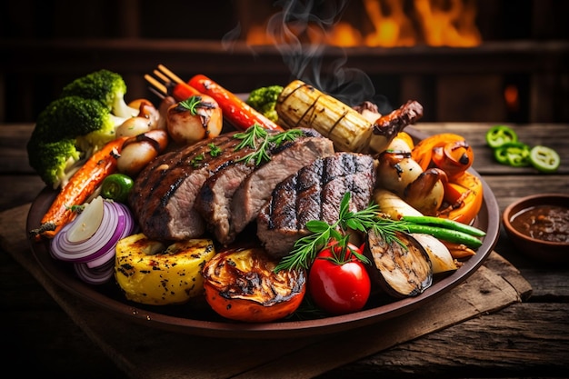 мясо на гриле и колбаса с овощами над углями на барбекю на деревенском деревянном фоне