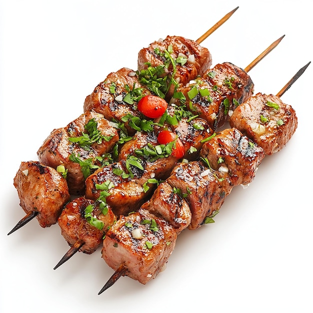 a grilled meat dish with the name of the company that is on a stick