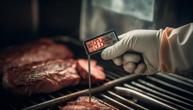 Photo grilled meat on fire hand holding fillet generated by ai