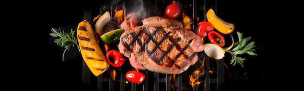 Grilled meat on fire with vegetables is fried Generative Ai