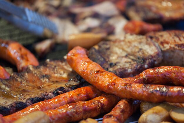 Grilled meat on a hot grill.