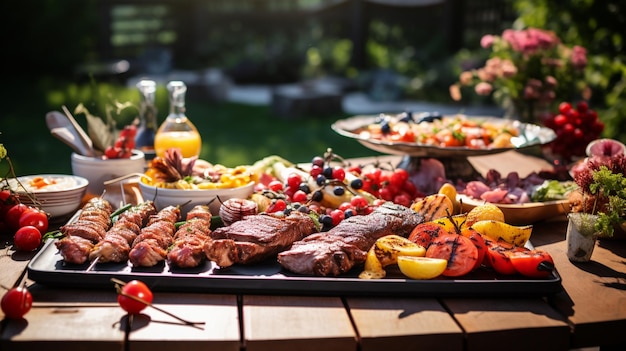 Photo grilled meat outdoors on a picnic table