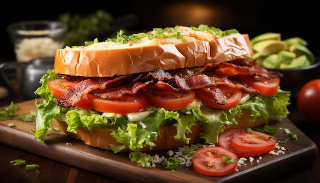 Foto sandwich di carne alla griglia su piatto di legno fresco e delizioso generato dall'ai