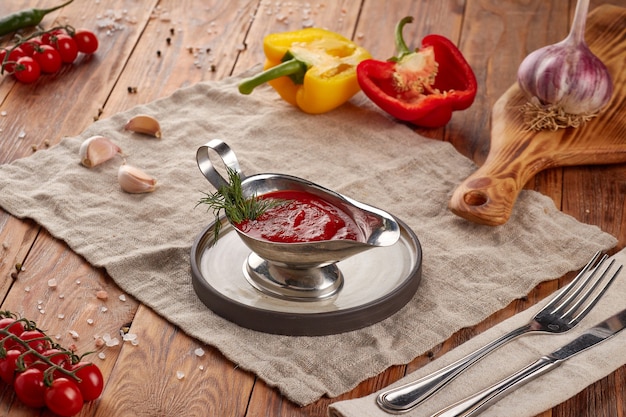 Grilled meat sauce, wooden background