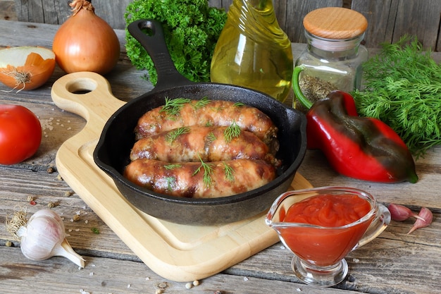 Фото Жареные мясные колбасы на сковороде на столе