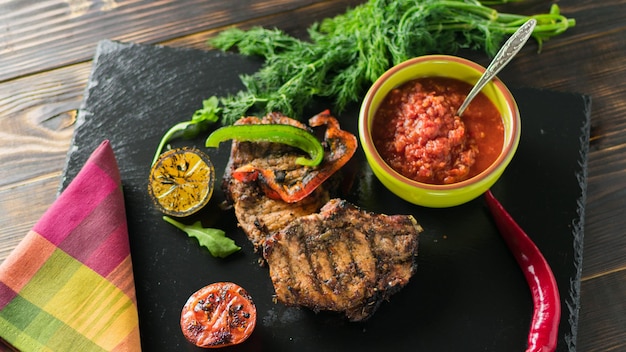 Grilled meat served with vegetables spices on a slate plate