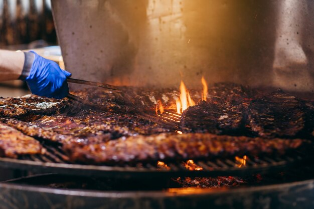 Grilled meat skewers on barbecue grill