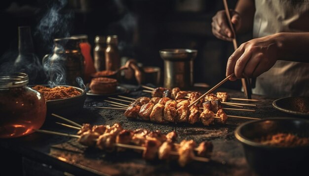 暗いテーブルの上でグリルで焼いた肉のスピーバーが 完璧に調理され 人工知能によって生成されました