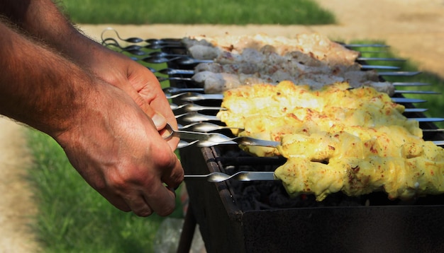 Grilled meat on skewers on the grill in nature