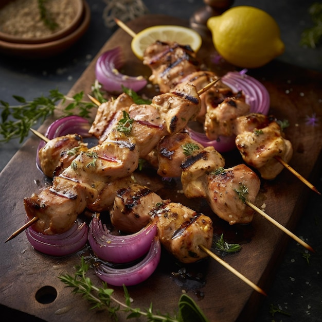 Grilled meat skewers shish kebab on black background ai generated