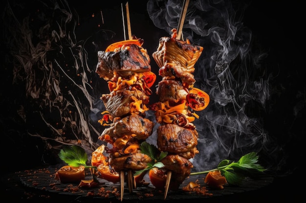 Generative AI illustration of skewered shish kebab, Kebabs - grilled meat  skewers, vegetables on black wooden background. Meat skewers in a barbecue  22922899 Stock Photo at Vecteezy