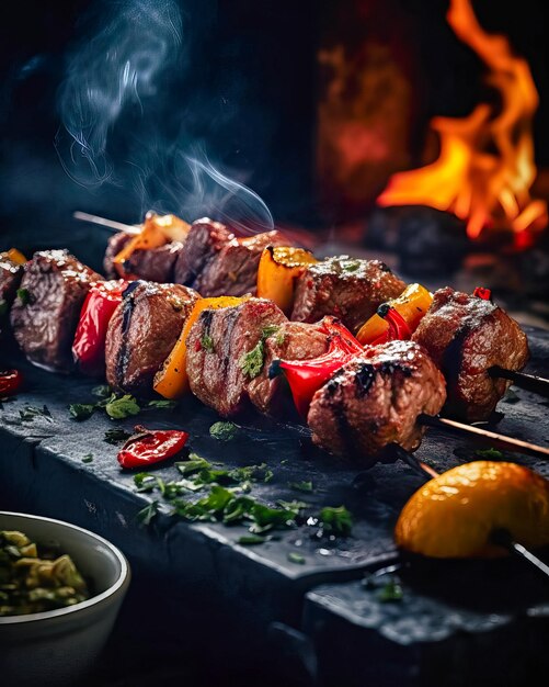 Generative AI illustration of skewered shish kebab, Kebabs - grilled meat  skewers, vegetables on black wooden background. Meat skewers in a barbecue  22922899 Stock Photo at Vecteezy