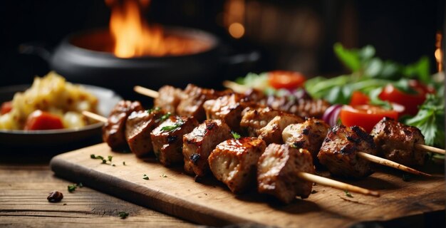 Grilled meat skewers shish kebab with vegetables