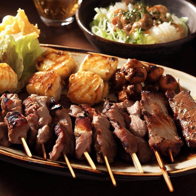 Grilled meat skewers and side dish