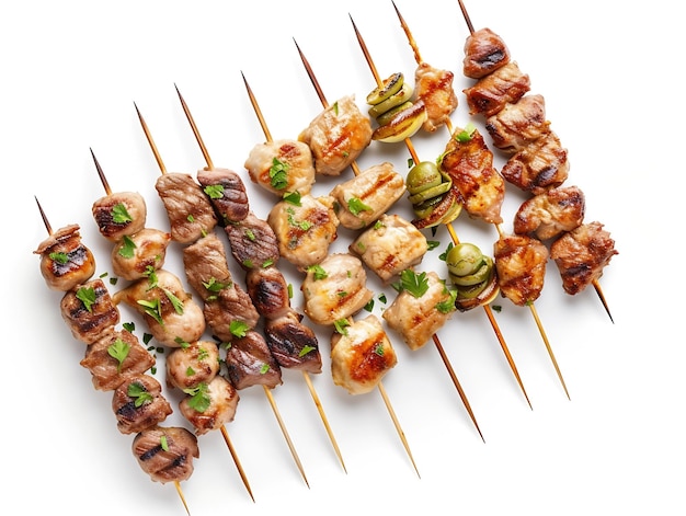 Grilled meat skewers variety isolated on white Souvlaki chicken and pork kebab don Generative AI