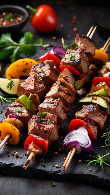 Grilled meat skewers with fresh vegetables and spice
